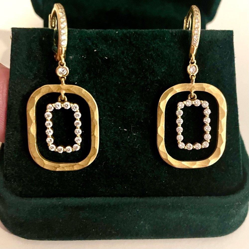 Spectacular 18K Hammered Gold & Diamond Rectangular Norman Covan Earrings